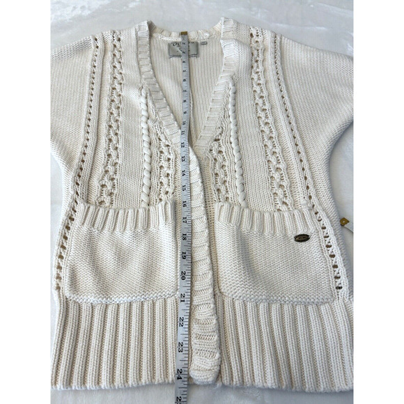 Guess Women Knit Cardigan Short Sleeve Sx XS Ivory Snap Front Cotton Pockets - Picture 3 of 6